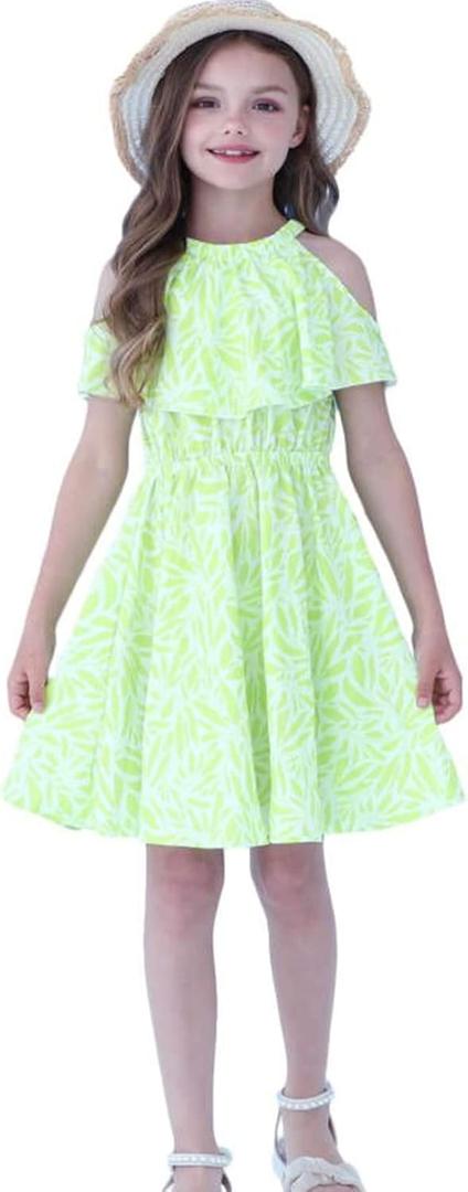 Girls Summer Hawaiian Dress Floral Halter Neck Cold Shoulder Sleeveless Beach Sundress 1-12 Years (Green)