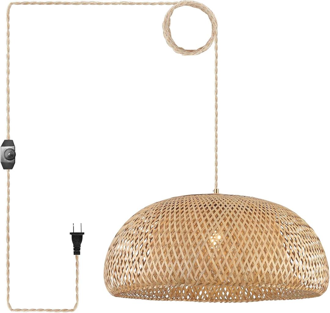 Bamboo Plug in Pendant Light with 14ft Handmade Woven Light Cord, Dimmable Switch, Rustic Basket X-Large Hanging Lamp for Bedroom Kitchen Island Dining Room Living Room, 23.6 inch Width