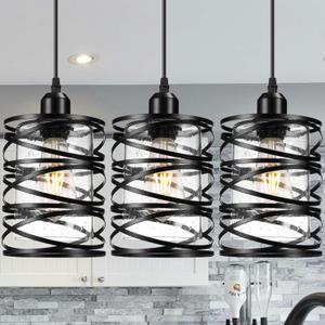 3 PACK Black Pendant Lights Kitchen Island, Small Kitchen Pendant Lighting Over Island, Modern Seeded Glass Hanging Light Fixtures, Single Ceiling Light for Kitchen, Dining Room, Bedroom, Foyer