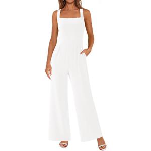 PRETTYGARDEN Summer Sleeveless Jumpsuits for Women Dressy Square Neck Wide Leg Pants Knit One Piece Rompers Fashion Clothing (Medium, White)