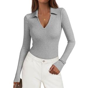 KIRUNDO Polo Shirts for Women Long Sleeve | Business Casual Tops, Ribbed Knit, Collared V Neck, Slim Fit, Office Work Blouses, 2026 Fall Fashion Clothing Size L