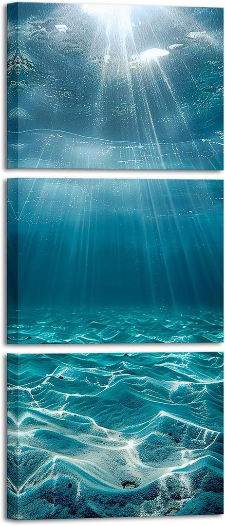 VANSEEING 3 Pieces Ocean Wall Art Blue Sea Underwater Pictures Landscape Teal Coastal Wall Decor for Bathroom Bedroom Living Room 12"x16"x3