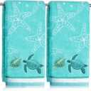 2 Pcs 13.7x29.5 Inch Sea Turtle Hand Towels | Jacquard 100% Embroidered Cotton, Soft Coastal Summer Beach Towel, Kitchen Bathroom Home Decor Gift, 13.78 x 29.53 inches