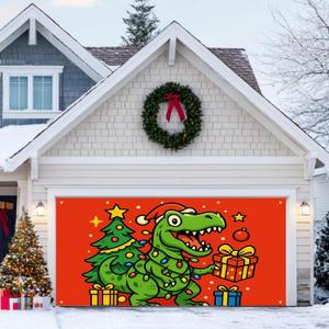 Christmas Garage Door Banner 13x6ft Dinosaur T-Rex Theme Backdrop Seasonal Christmas Decor Winter Door Cover Banners for Outside Garage Wall Covering for Party Garage Decorations