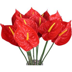 JOSON 8-Pack 27" Faux Anthurium Lilies Home Decor Bouquet and Green Leaves, Wedding Festive Decor Floral Arrangement (Red)