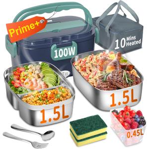 Electric Heated Lunch Box for Adults with 2 Pack 1.5L Containers, Portable 100W 3-IN-1 Fast Heated Lunch Box for Men Women, Portable Heating Food Warmer,12V/24V/110V for Car Truck Office Home Travel (Blue)