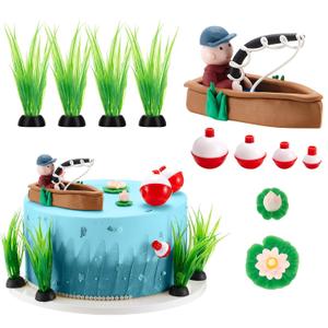 Simgoing 14 Pcs Fishing Cake Topper Decorations with Fishman Rod Float Seaweed Boat and Happy Birthday Sign for Men Fishermen Fish Themed Birthday Party Supplies