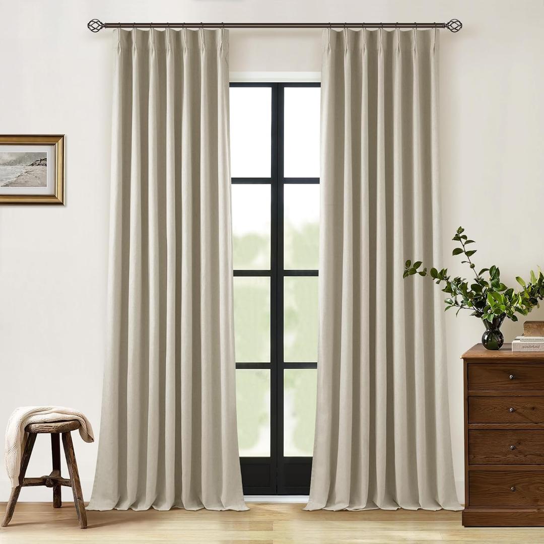 Neutral Pinch Pleat Linen Blackout Curtains 108 Inches Long 2 Panel Set for Living Room Back Tab Pleated Drapes Room Darkening Light Blocking Window Curtain for Bedroom Cottage Farmhouse Taupe 9 FT (Burlywood Birch)