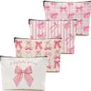 4Pcs Pink Coquette Bow Makeup Bag, Preppy Cosmetic Bags Zipper Pouch Travel Toiletry Bag, Pink Trendy Gifts for Women Girls Coworker Friends Travel Storage Accessories Birthday Christmas Gifts-2
