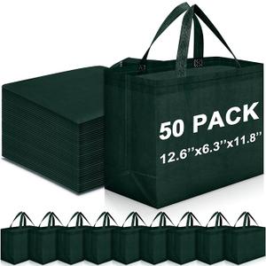 Windyun Reusable Grocery Bags Large Non Woven Shopping Bags with Handles Foldable Portable Tote Bulk, 12.6 x 11.8 x 6.3 Inch(Dark Green,50 Pcs)
