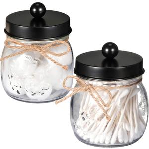 SheeChung 2 Pack Qtip Holders, Black Bathroom Decor, Cotton Swab Holders, Bathroom Jars, Restroom Decor for Cotton Balls, Pads, Floss Picks - Black