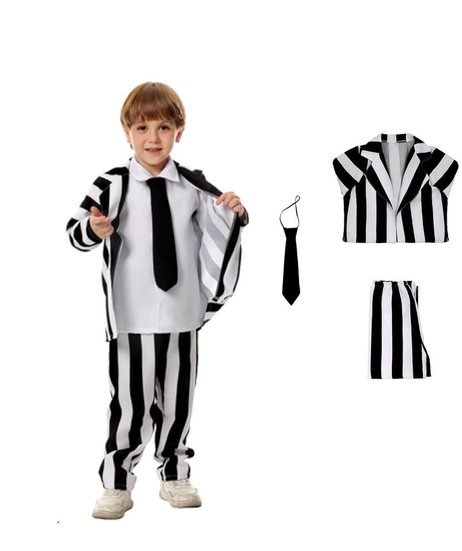 Black and White Striped Suit For Kid Boys Toddler Costume Horror Cosplay Outfit Halloween Dress Up, M
