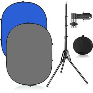 3.3x5ft/1x1.5m Chromakey Blue Grey Backdrop with 6.23ft Stand, 2-in-1 Blue Screen and Grey Screen Collapsible Reversible Pop-Up Background Panel for Photography, Live Streaming, Video Shooting