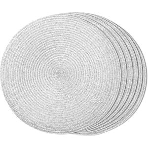 FunWheat Round Braided Placemats Set of 6 Table Mats for Dining Tables Woven Washable Non-Slip Place mats(Shining Sliver, 6pcs)