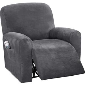 H.VERSAILTEX Velvet Stretch Recliner Couch Covers 4-Pieces Style Recliner Chair Covers Recliner Cover for Reclining Chair Slipcovers Feature Non Slip Form Fitted Thick Soft Washable, Grey