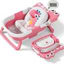 Collapsible Baby Bathtub for Newborn, Foldable Baby Bath Tub with Thermometer & Soft Floating Cushion & Drain Hole, Portable Travel Infant Bath Tubs for Newborns to Toddler 0-36 Months Girl, Pink