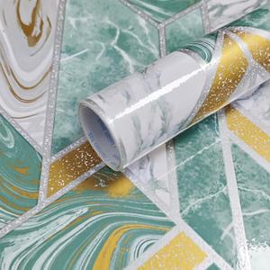 Safiyya 118"17.3" Glossy Green and Gold Wallpaper Waterproof Marble Contact Paper for Countertops Geometric Peel and Stick Wallpaper for Bathroom Table Furniture