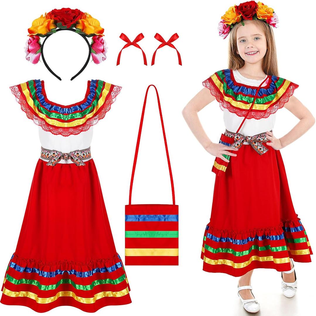 6 Pcs Mexican Dress for Girls Traditional Cinco De Mayo Dress with Flower Headpiece Fiesta Dress Costume (for 4 Years)