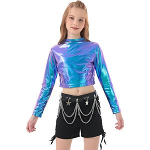 LOLANTA Metallic Dance Tops for Girls Long Sleeve Cropped Y2K Top Shiny Disco Streetwear Rave Party Festivals Costumes Size 11
