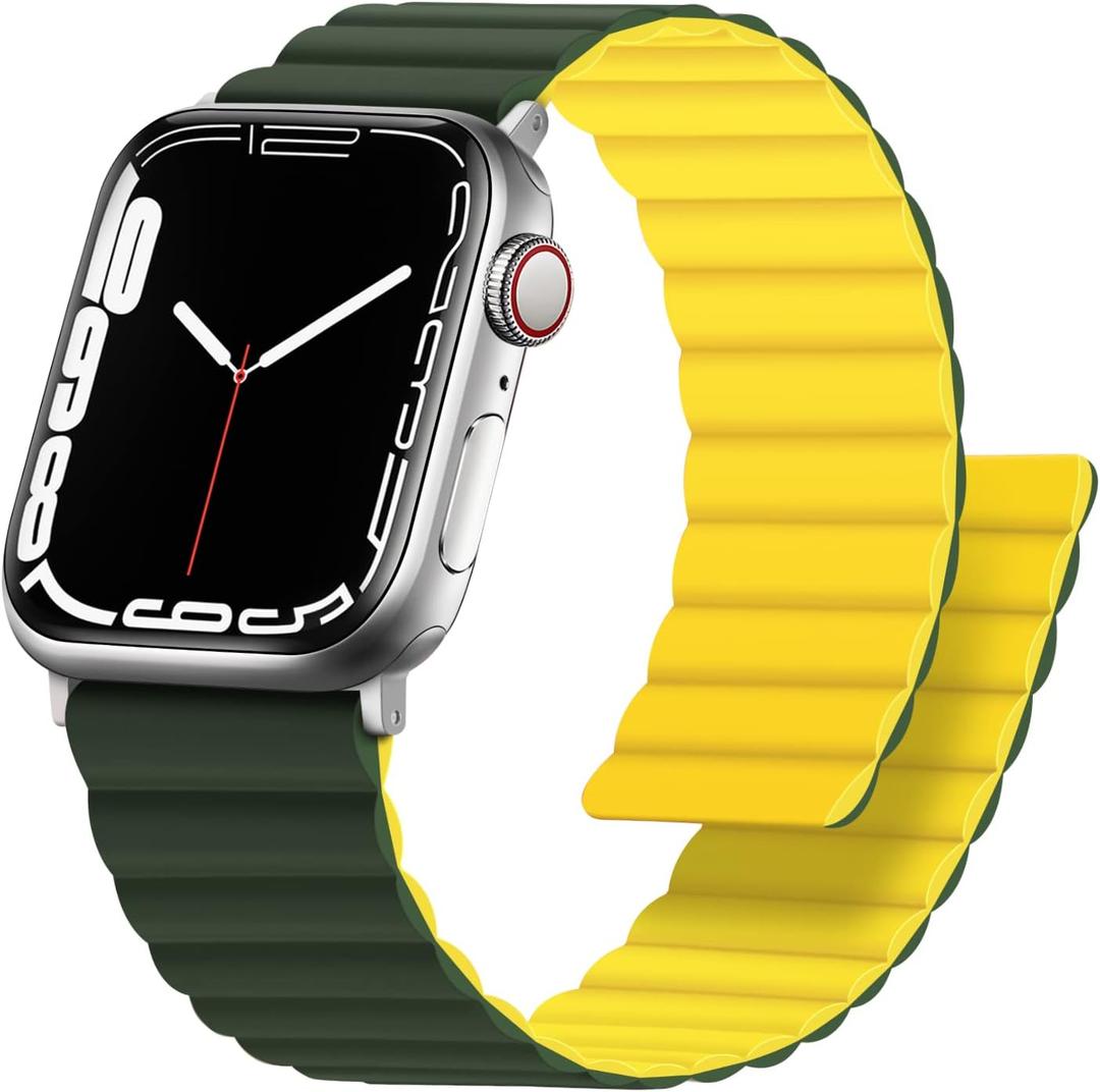 Anlinser Magnetic Bands Compatible with Apple Watch Band 49mm/46mm/45mm/44mm/42mm(Series 3), Women Men Double Side Reversible Strap for iWatch Ultra 3-1 Series 11/10/9/8/7-1 SE(49/46/45/44/42,Green/Yellow)