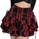 AULKEEP Womens Lace Up Skirts Goth Ruffle Mini Skirt Y2k Black High Waist Skirt Summer Punk Short Skirts L Side Lace Up Plaid Red