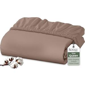 Royale Linens 100% Organic Cotton Fitted Sheet - Percale Weave - Super Soft Deep Pocket Bottom Sheets - Mocha Elastic Sheet Queen Size - Queen Fitted Sheets Only - (60"x80"+15", Mocha)