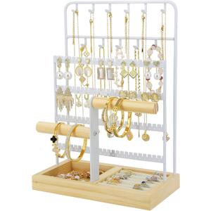 Jewelry Holder Organizer Stand 4-Tier Necklace Stand Earring Holder with Wooden Tray, Jewelry Rack for Bracelets Watches and Rings Display Stand, Gifts for Women & Girls-White