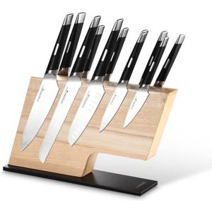 Linoroso Magnetic Knife Block Knife Holder Knife Stand, Super Strong Magnet Double Sided Kitchen Knives Storage Fitted, American Ash Wood, Black Oxide Stainless Steel Base