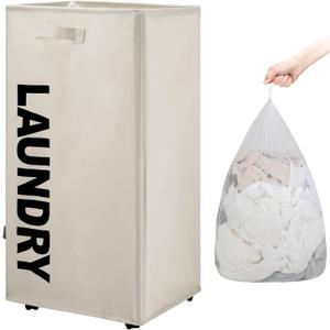 TOTANKI 29" X-Large Rolling Laundry Basket on Wheels with Removable Bag, Foldable Laundry Hamper with Handle, Collapsible Laundry Sorter and Organizer, Tall Storage Basket Bin (Beige)