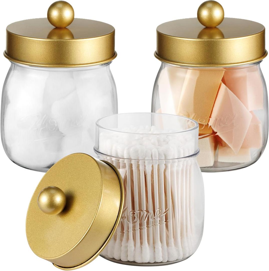 SheeChung 3 Pack Qtip Holder Bathroom Jar Set, Apothecary Mason Jar for Bathroom Vanity Home Storage Organizer, Qtip Dispenser for Cotton Swabs, Floss Picks, Farmhouse/Home Decor (Gold)