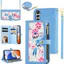 Floral Wallet Case for Samsung Galaxy S23 FE 5G with Wrist Strap Shoulder Strap Flip Zipper Purse, Luxury PU Leather Card Holder Stand Accessories Phone Cover for S 23 EF S23FE 23S Women Blue