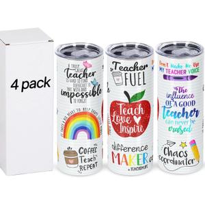 4 Pack Teacher Appreciation Gifts, Teacher Gifts from Student, Teacher Appreciation Week Gifts, 20 oz Skinny Teacher Tumbler for Teacher Week, Birthday, Back to School, Christmas