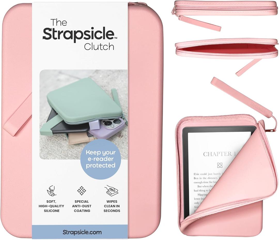 Strapsicle Silicone Clutch for Kindle & E-Readers  Multi-Purpose Bag for Phone, Wallet & Keys  Fits 6.87 Paperwhite 2024, 6 Kindles, Kobos, Nook  Anti-Dust Coating - Blush