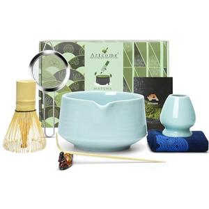 Artcome Matcha Tool Set - Complete Kit with Matcha Bowl with Spout, Bamboo Whisk, Tea Scoop, Whisk Holder, Scoop Holder, Tea Cloth & Powder Strainer, Celadon Blue