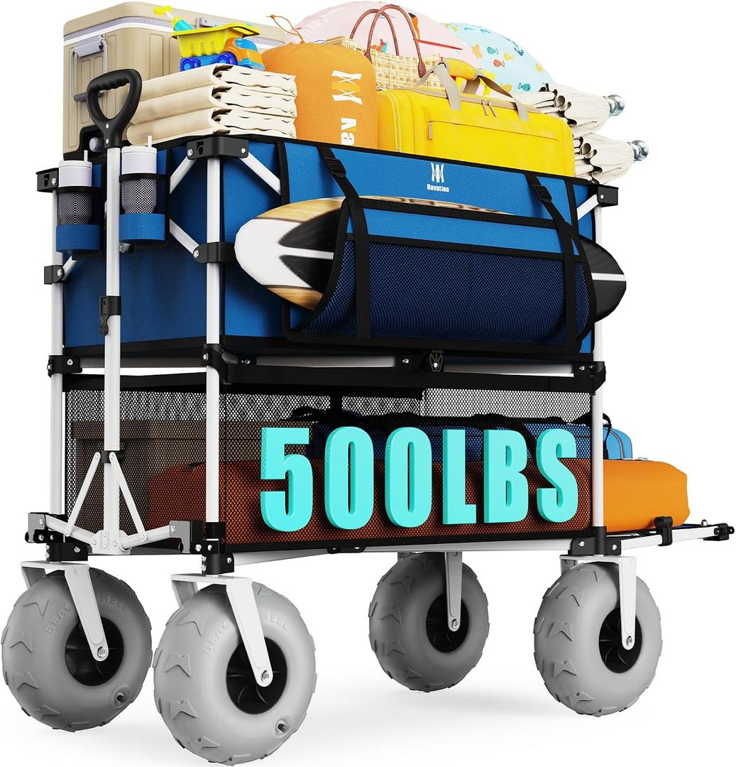 Navatiee 500Lbs Double Decker Wagon, 400L Large Capacity Heavy Duty Beach Cart with 9" Balloon Wheels for Sand, Folding Collapsible Wagon with Side Pocket for Beach, Sport, Camping, Blue
