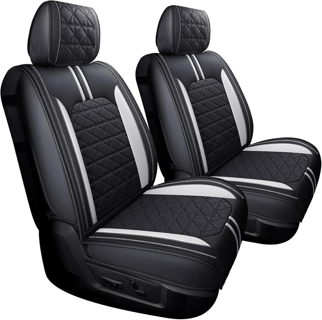 YIERTAI Truck Seat Covers for Dodge RAM fit 2009-2025 1500 2500 3500HD Limited Laramie Classic Bighorn Longhorn Crew Double Quad Cab Mega Cab Waterproof Leather(2 PCS Front only/Black-White)