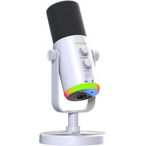 USB/XLR Desktop Dynamic Microphone with RGB Lighting, Noise Reduction, Mute Button & Headphone Jack - Podcast, Gaming, Streaming Mic for PC & Computer (White)