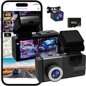 Dashcam Front and Rear Camera, UHD Dual Channel Dash Cam,WiFi - App Control, G-Sensor, Loop Recording, 170 Wide Angle, Night Vision, 3.6" IPS, S300 Dash Camera for Cars with 32GB Card