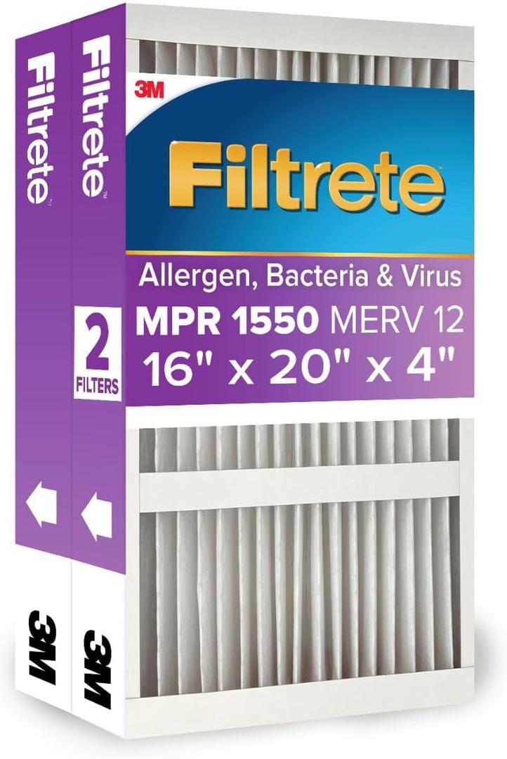 Filtrete 16x20x4 AC Furnace Air Filter, MPR 1550, MERV 12, Fits Lennox & Honeywell, Allergen, Electrostatic Air Cleaning Filter, 2-Pack (Actual Size 15.88x19.88x4.31 in)