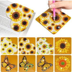 WIVICO 8 pcs Diamond Painting Bookmarks, DIY Diamond Art Kits for Adults, Book Corner - Protecting Bookmark Craft Supplies Kits for Book LoversSunflower