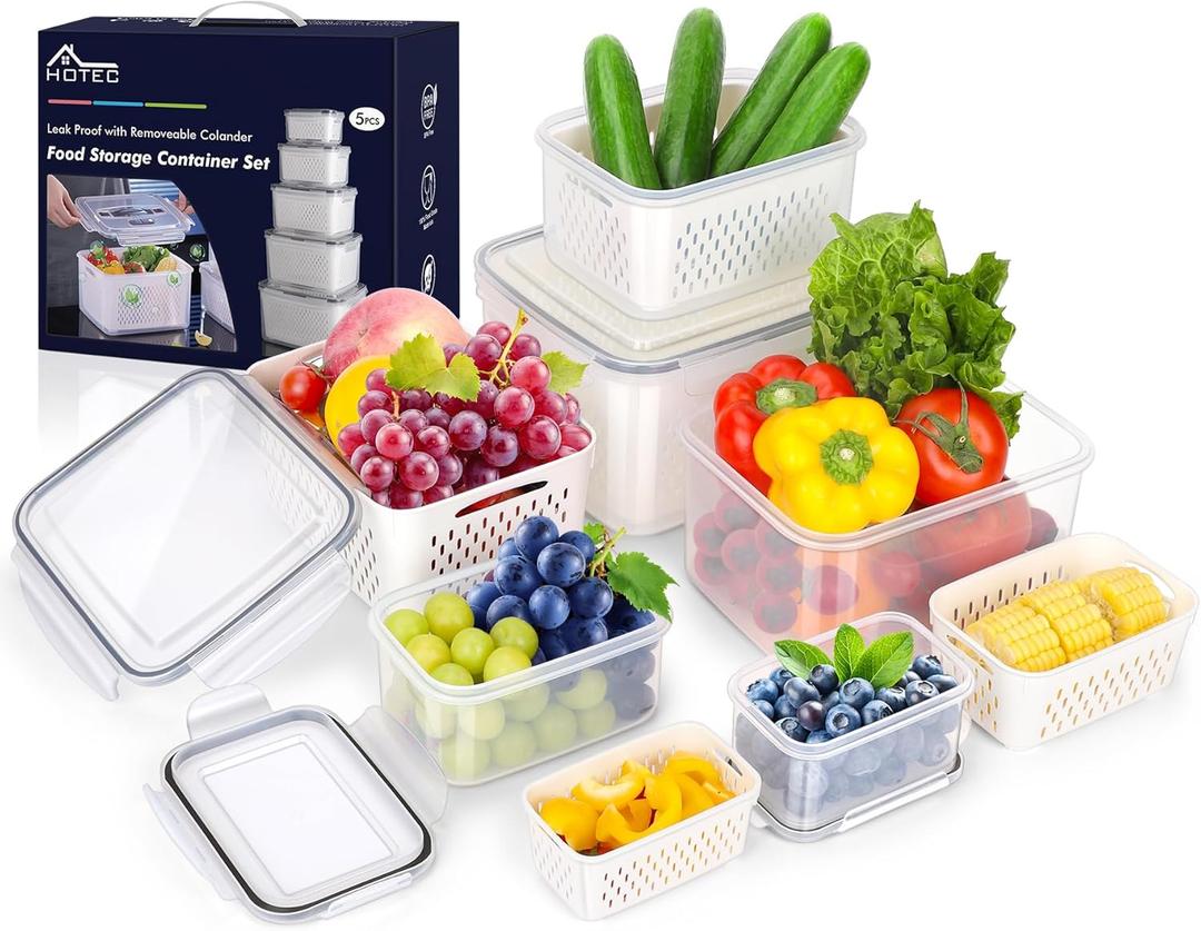 HOTEC 5-Pack Large Fruit Storage Container with Removable Colander, BPA Free Dishwasher & microwave safe Largest 4.15L