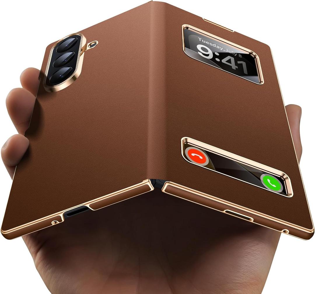 Magnetic for Samsung Galaxy Z Fold 7 Case Luxury Leather See Calls & Time Without Opening [Fit for MagSafe] Phone Cover Zfold 7 Case with Smart Screen View Window Brown