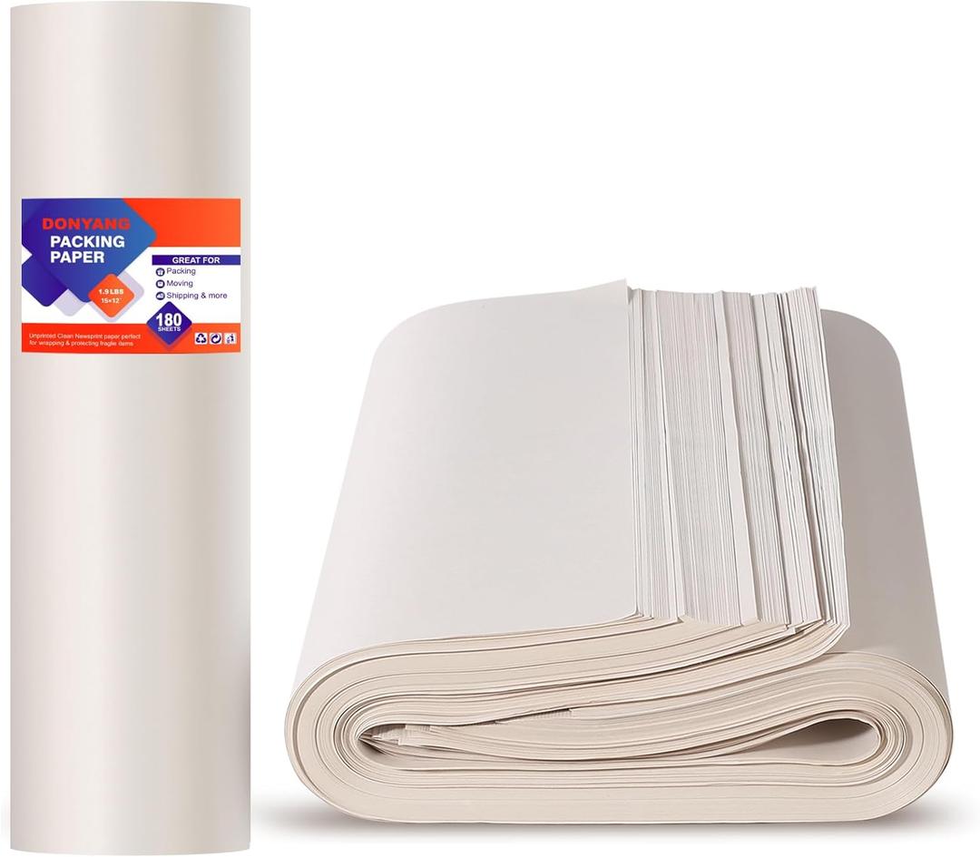 15" x 12" Newsprint Paper for Moving Boxes, 180 Sheets Packing Paper for Moving Supplies, Newspaper Wrapping Paper for Moving, Shipping, Packaging, Packing Boxes, Dishes Glasses Filler Materials (White)