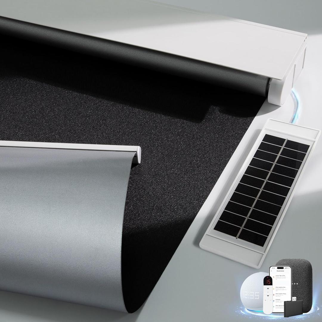 Motorized Blinds with Remote, Smart Blinds with Solar Panel, Thermal Blackout Electric Blinds, Automatic Blinds for Windows Compatible with Alexa, Black-23 x72