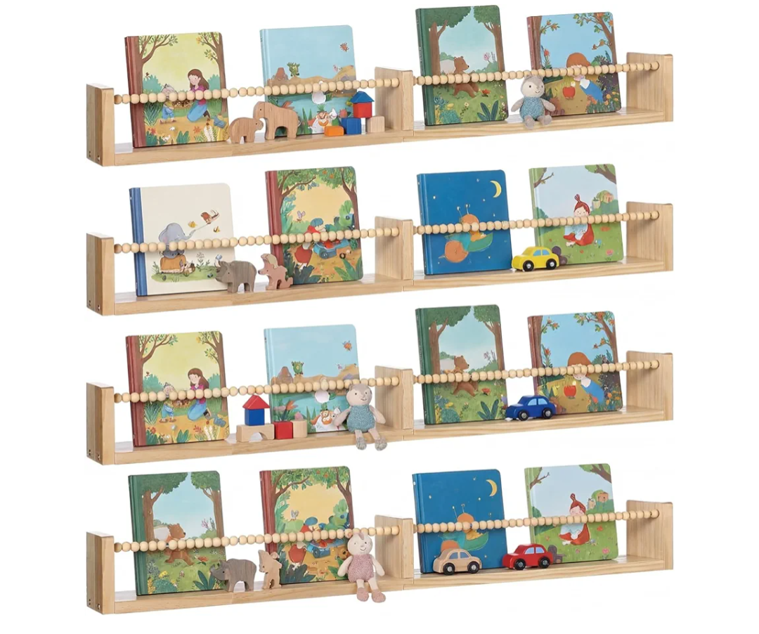 Novabright Set of 4 Nursery Book Shelves for Kids Rooms, 32 Inches Hanging Book Shelf Wooden Beaded Nursery Shelves for Bookshelf Wall Child's Room Shelving, Bedroom and Study Room