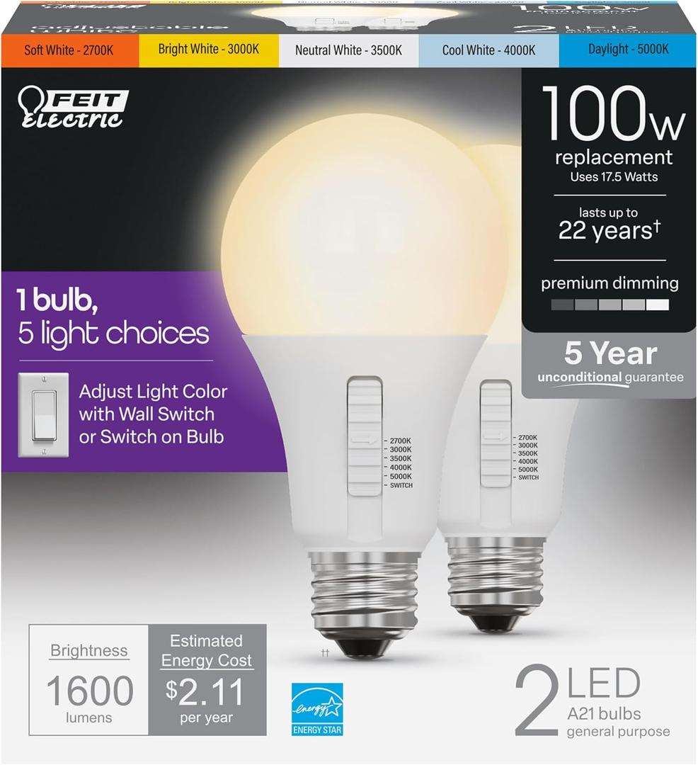 Feit Electric A21 100W LED Light Bulb, 100W Equivalent, Dimmable, Color Selectable 6-Way, 5CCT, E26 Medium Base, 90CRI, 1600 Lumens, 22-Year Life, Damp Rated LED Lightbulb, OM100DM/6WYCA/2, 2 Pack