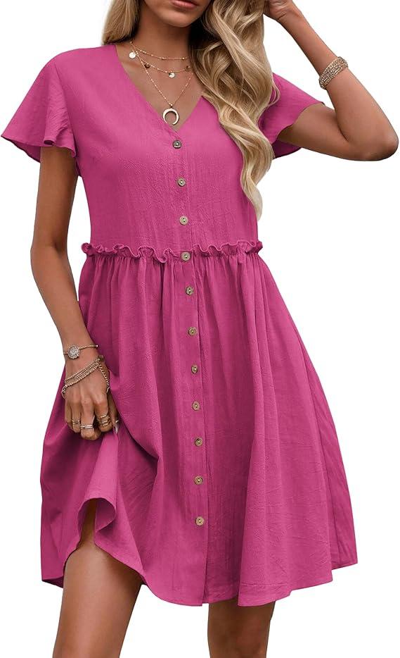 Zeagoo Summer Dress with Flutter Sleeves - Cotton Linen Beach A Line Casual Dress Small