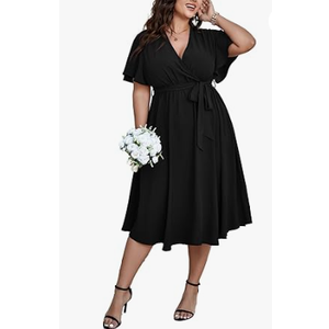 SCOMCHIC Womens Plus Size Wedding Guest Cocktail Midi Dress Summer Short Sleeve Wrap V Neck Belted A-Line Flowy Dress