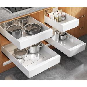 Seinloes 4 Pack Expandable Pull Out Cabinet Organizer 21" Deep With Raising Pad for Framed Cabinets,Upgrade 3 Slide Rails Slide Out Drawers,No Drill Roll Out Shelves,Adjustable Width 9"-14" White