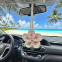 Hibiscus Flower Car Hanging Ornament,Crochet Hawaiian Tropical Flowers Bag Charms Decor Car Rear View Mirror Beach Accessories (White)